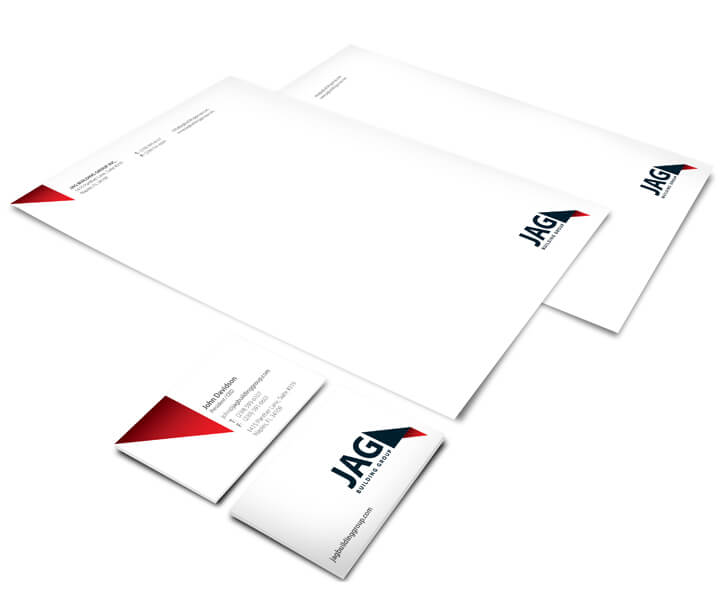 Stationery design with JAG branding elements